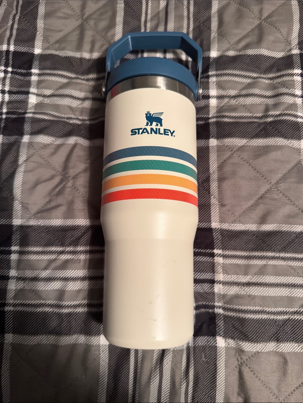 Stanley Cream Tumbler with Blue Handle and Rainbow Stripes